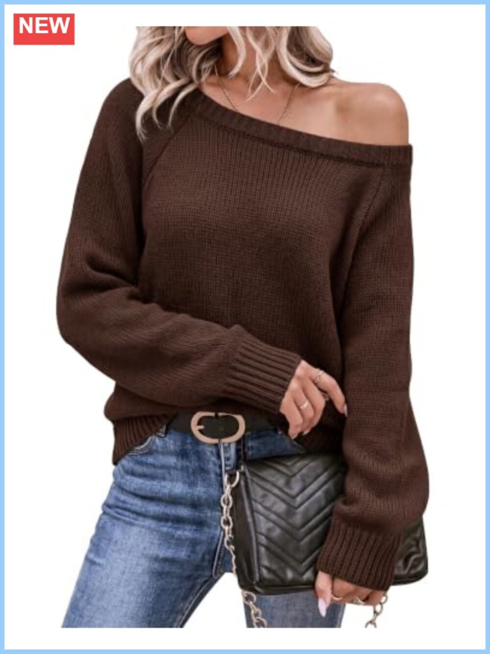 Womens Off the Shoulder Ribbed Knit Pullover Sweater Long Sleeve